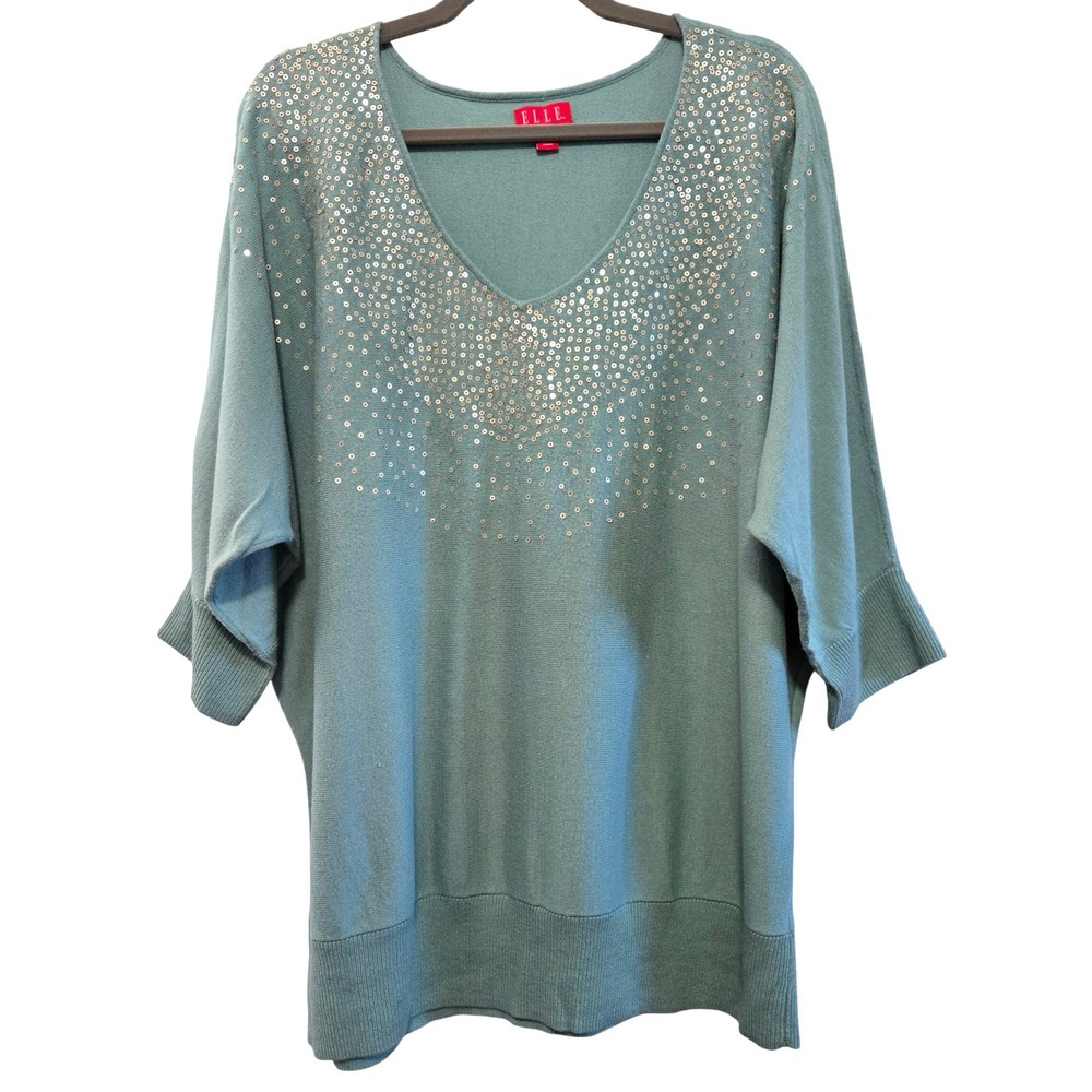 ELLE Women 1X Seafoam Green Sequin V-Neck Dolman Sleeve Knit Sweater RN73277